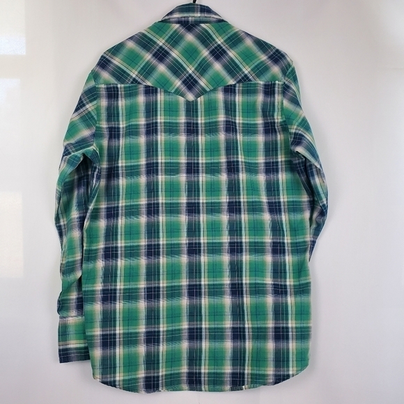 Mens Wrangler Western Fashion Pearl Snap Long Sleeve Blue/Green Plaid Size M - Picture 2 of 5